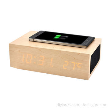 W2 Qi Wireless Charger Wooden LED Clock Bluetooth Speaker with Thermometer and Alarm Function